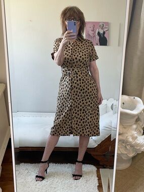 A NEW DAY TAN BLACK LEOPARD SHIRT DRESS SHORT SLEEVE BELT POCKETS HIDDEN BUTTONS